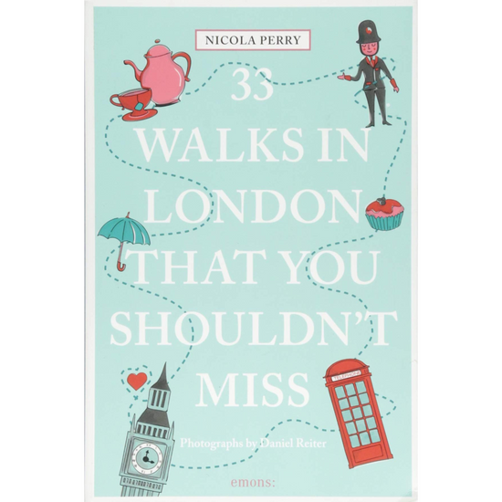 33 Walks in London book front cover featuring scattered London icons including a teapot, Big Ben and red telephone box