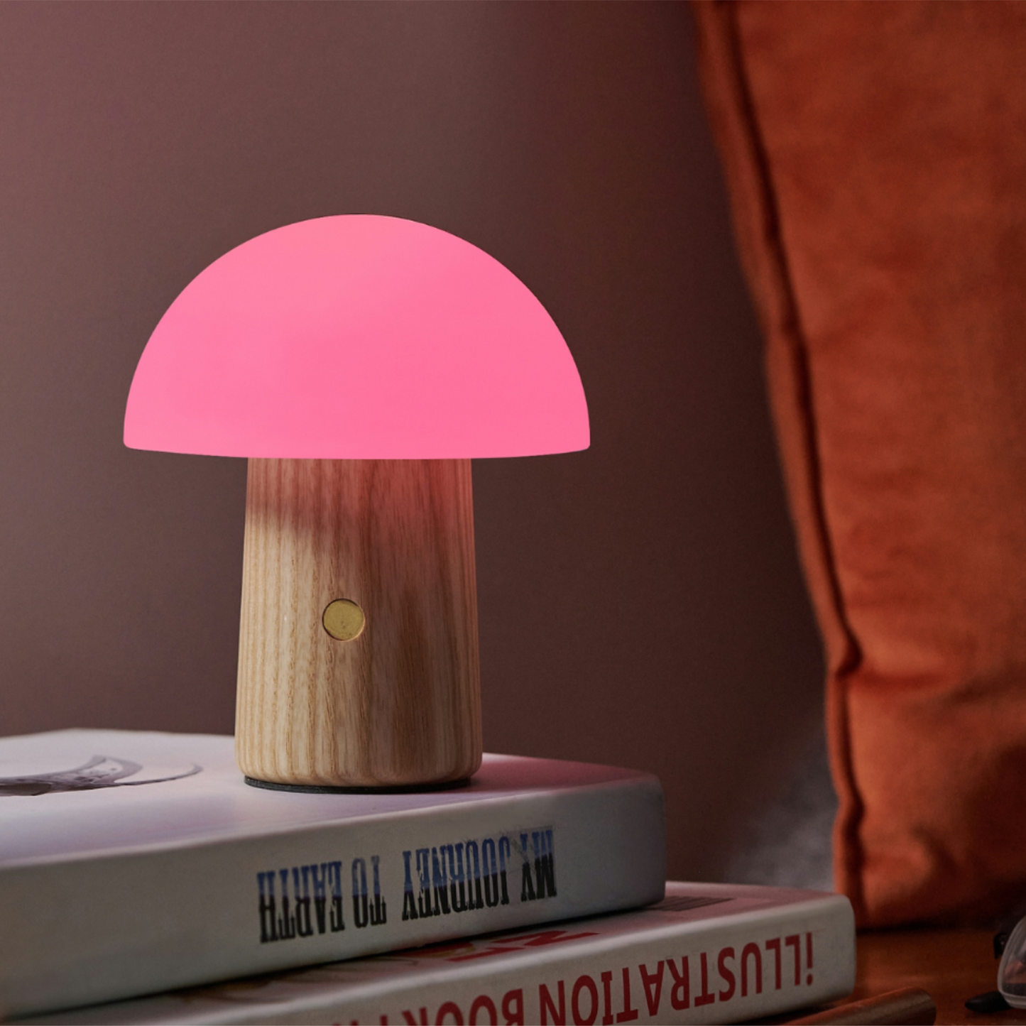 A mushroom shaped small lamp with a wooden base placed on top of a stack of books.