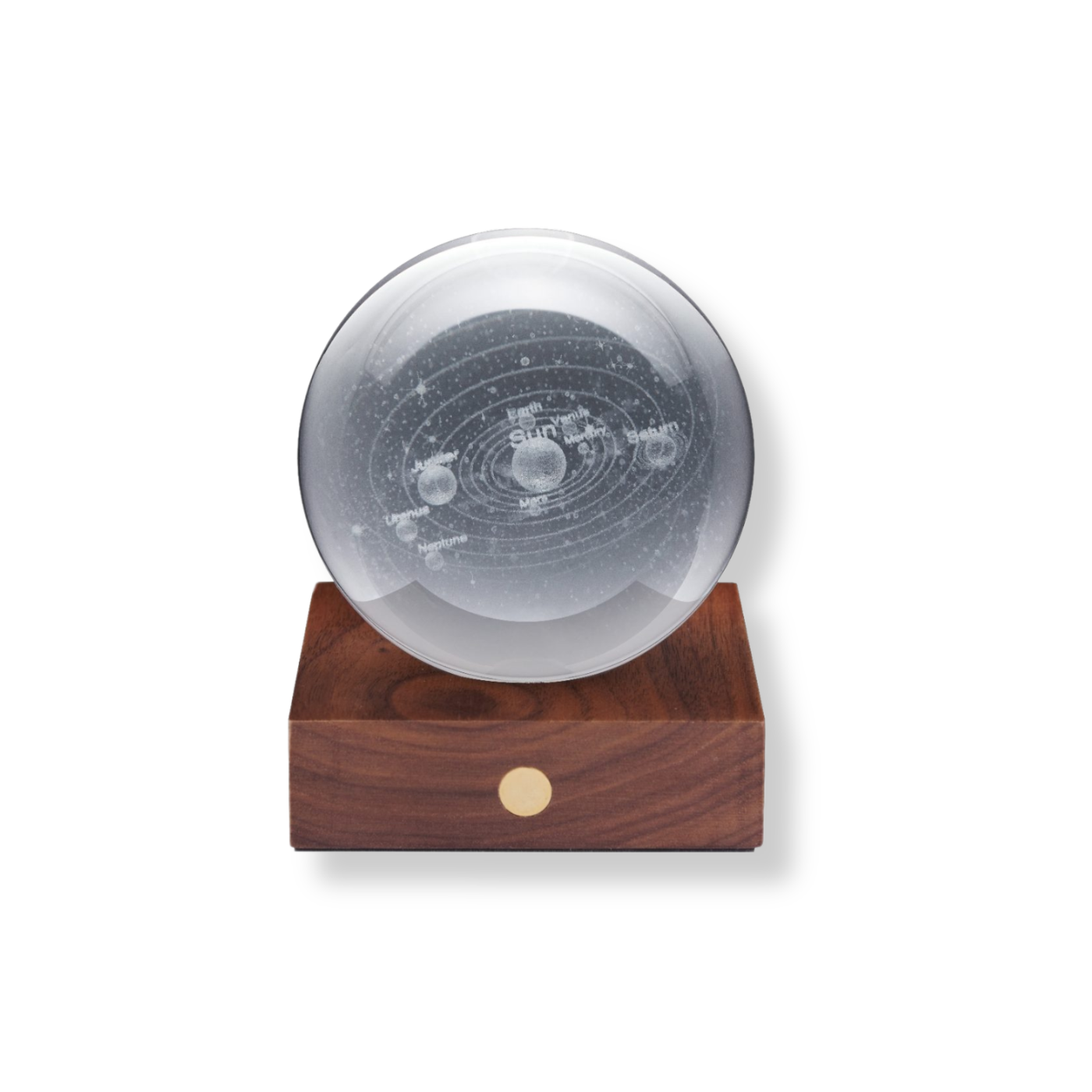 A solar system motif amber crystal light on a walnut wood base, on a white background.