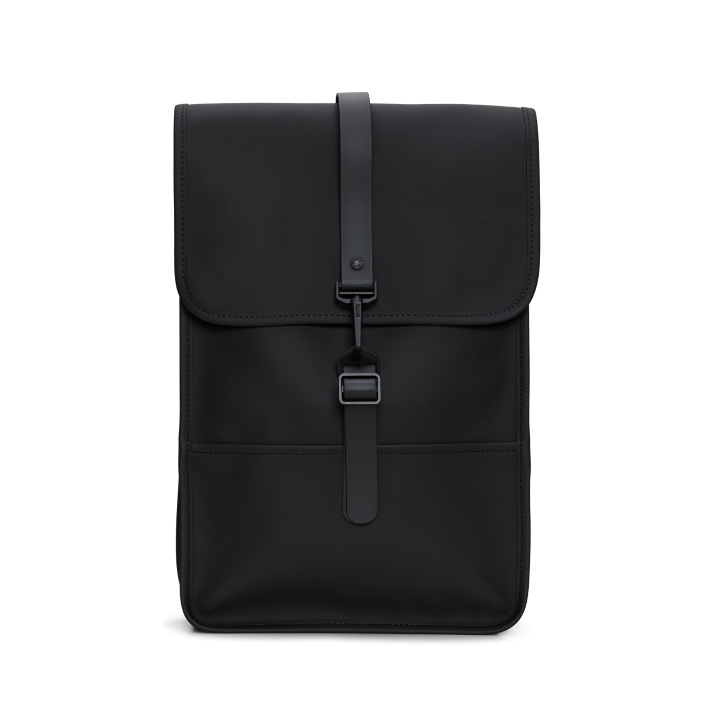 Front side of the Rains Backpack Mini, with a single black strap located in the middle, colour black.