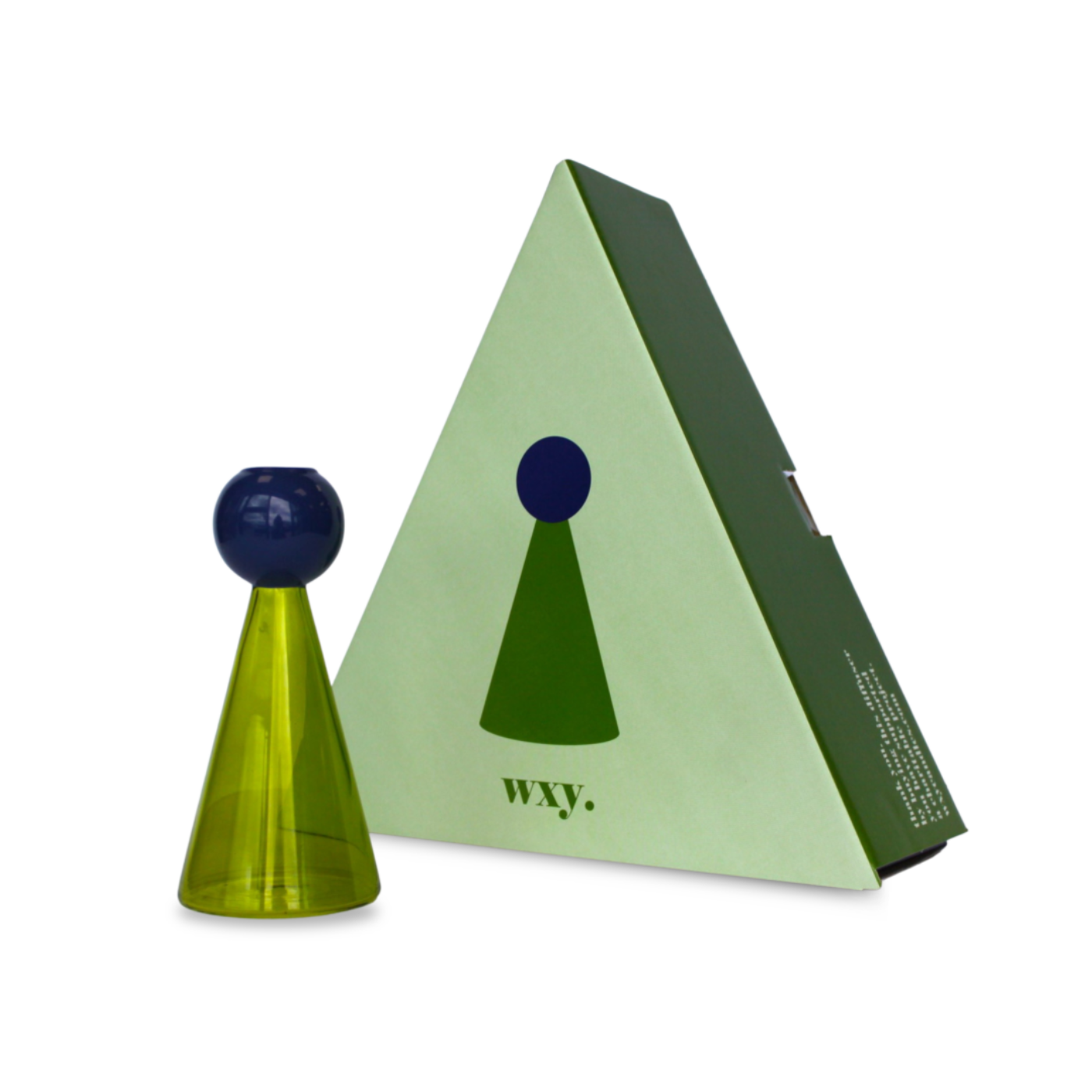 Green & blue top reed diffuser next to triangular box packaging on white background.