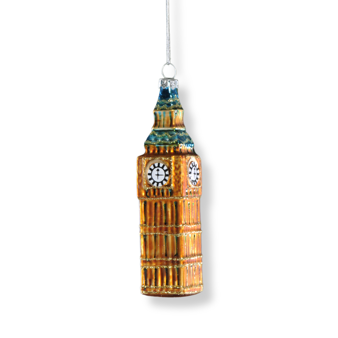 A glittery, hanging glass decoration in the shape of the Big Ben clock tower.