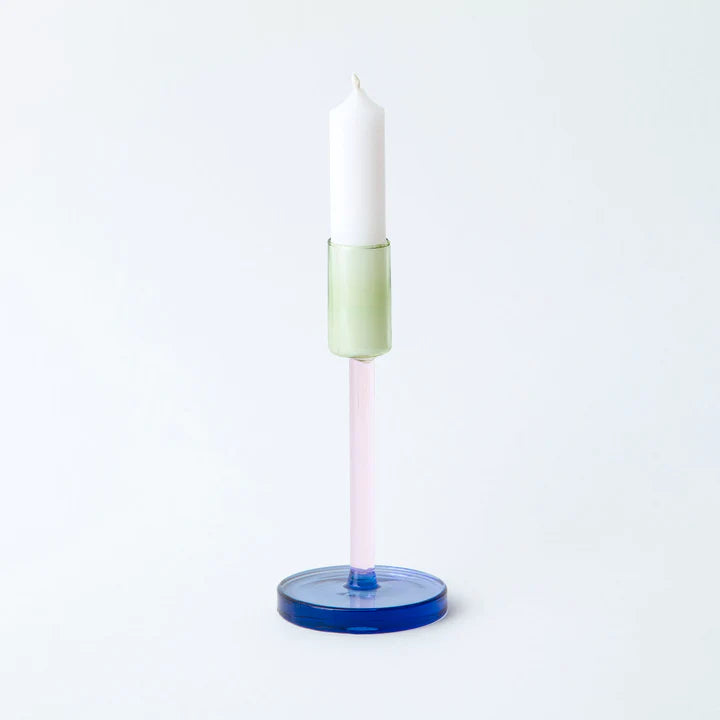Duo Tone Glass Pink & Green Candlestick Holder