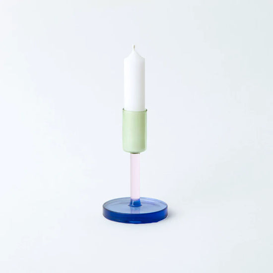 Duo Tone Glass Pink & Green Candlestick Holder