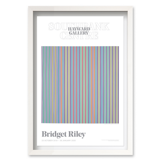 Bridget Riley poster "paean" displayed in a white frame