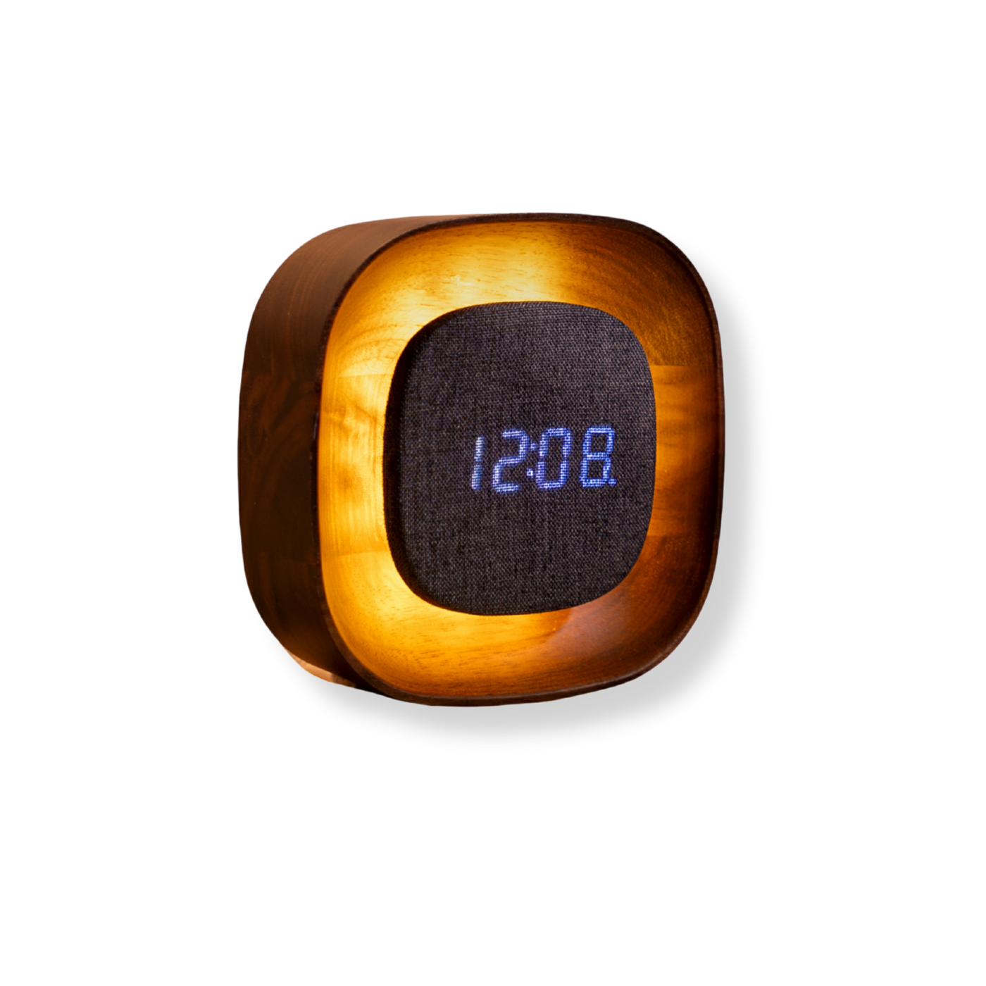 Wooden digital clock light on a white background