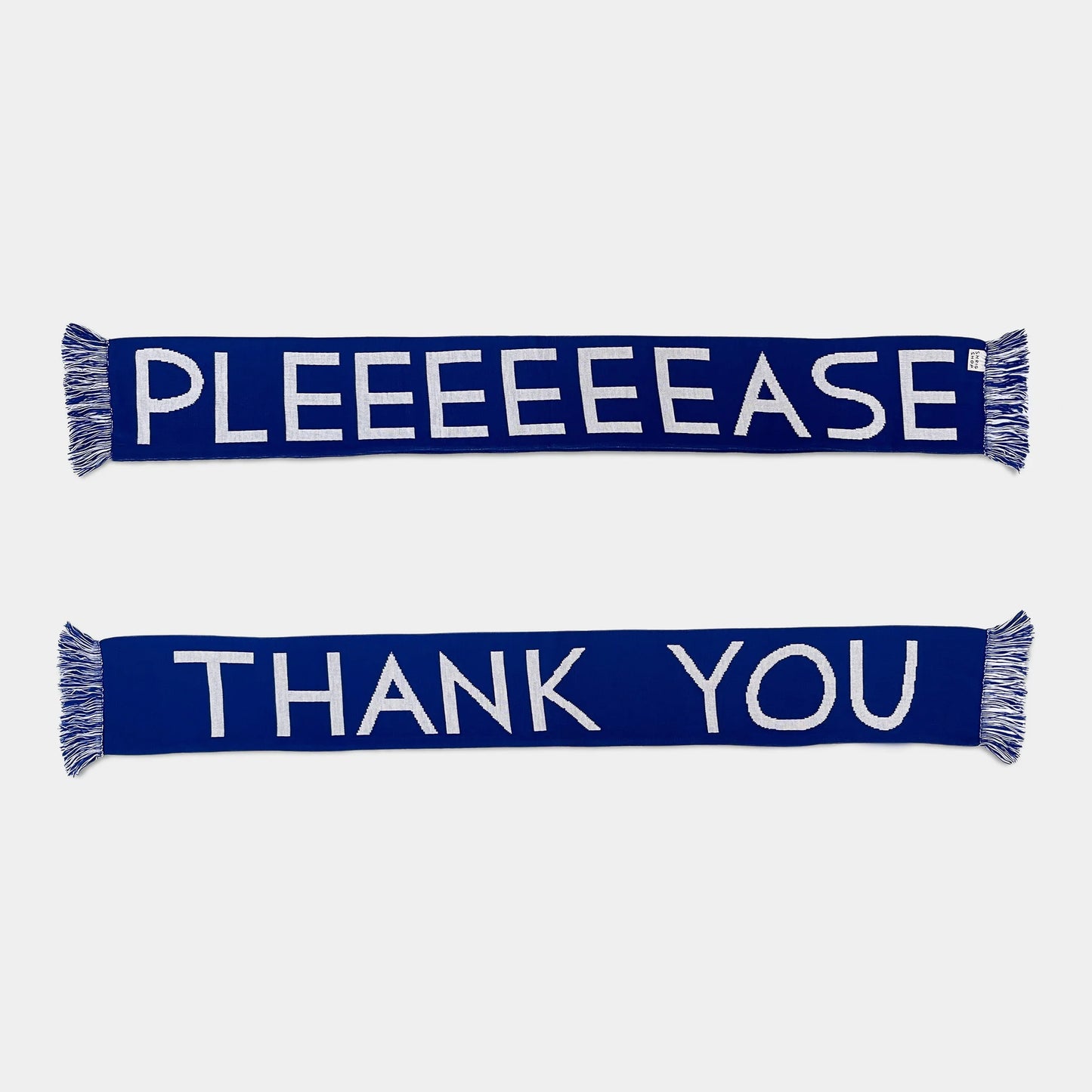 Two blue scarves with white text on a light gray background.