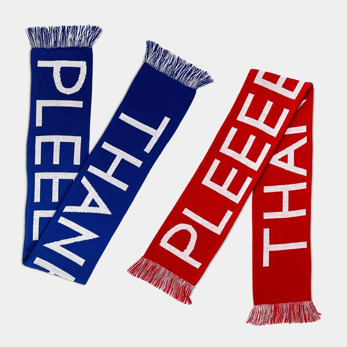 Two scarves, one blue and one red, with text on a white background