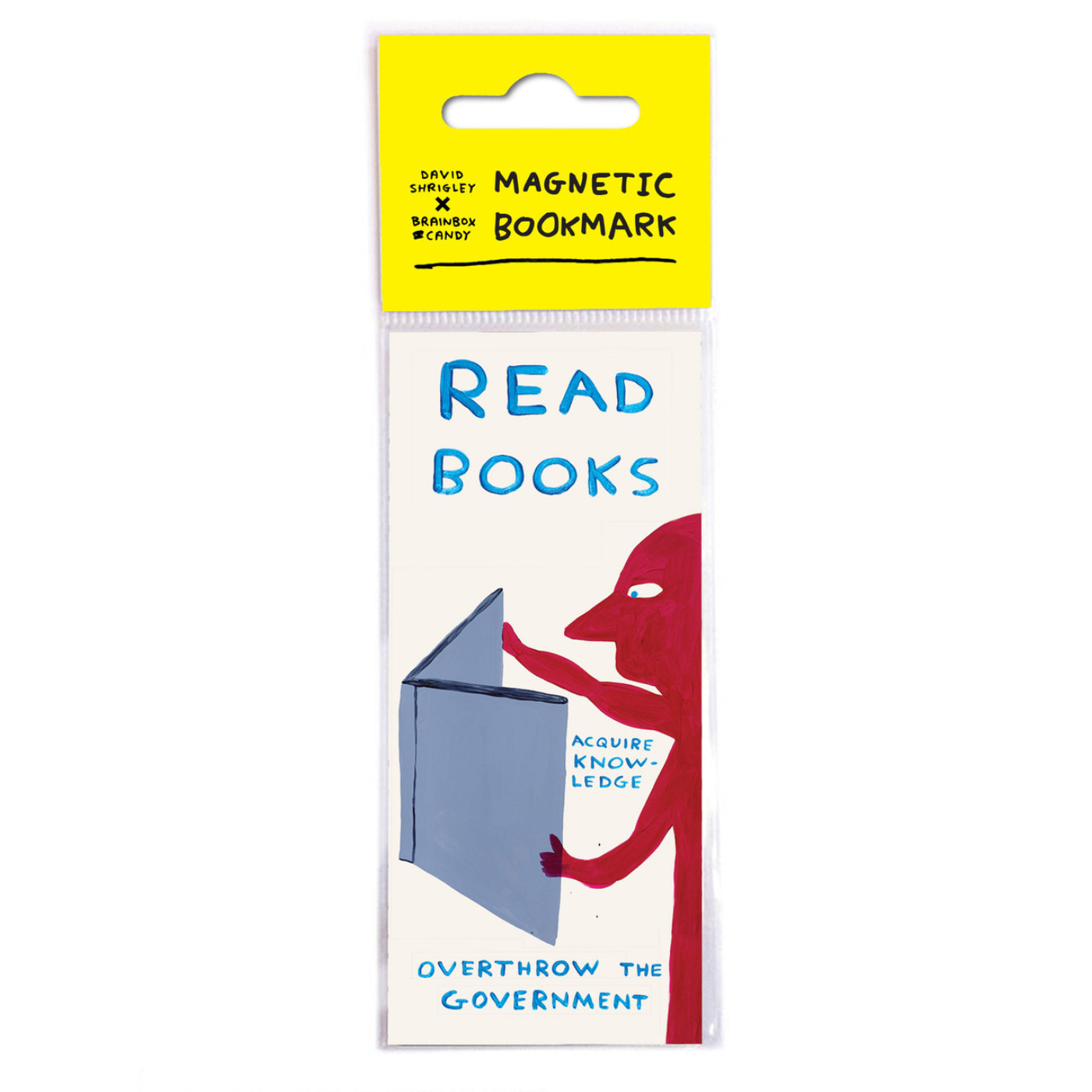 A humorous magnetic bookmark by David Shrigley featuring a red cartoon character and the phrase 'READ BOOKS'.