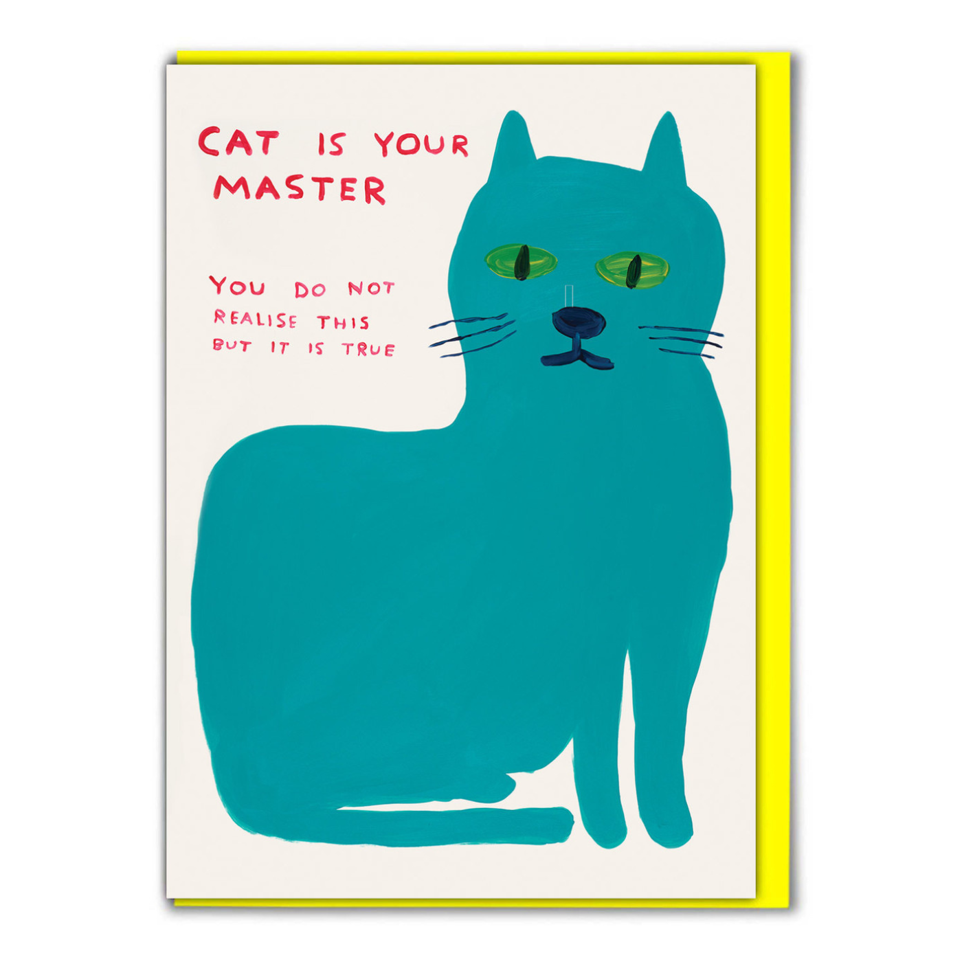 A greeting card featuring a drawing of a cat with a speech bubble that says 'Cat is your master. You do not realise this but it is true'.