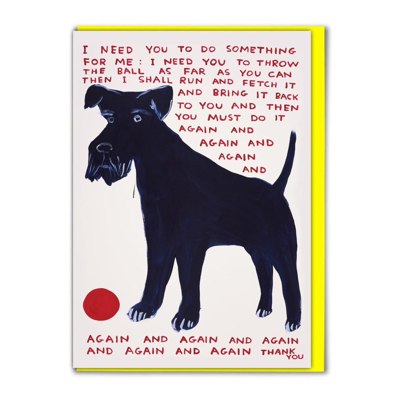 Greeting card with a cartoon illustration of a dog and text, featuring a neon envelope.