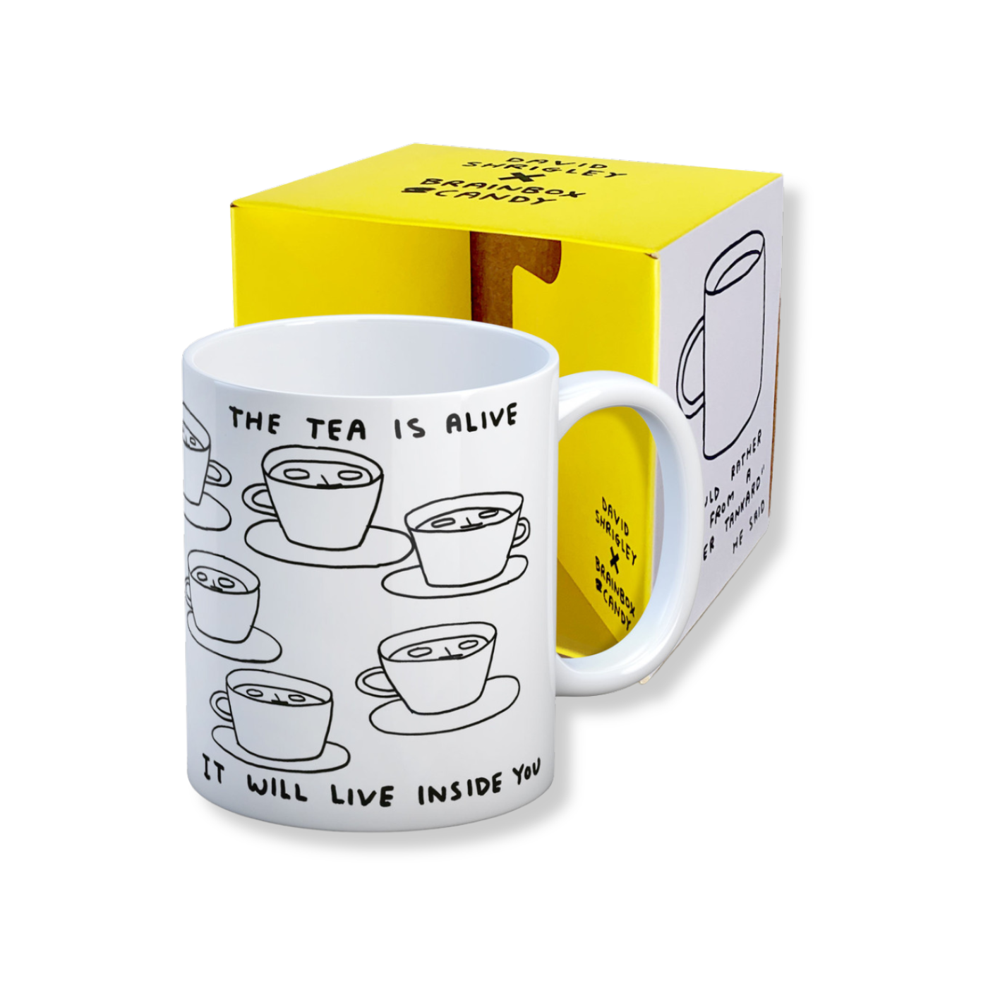 A white ceramic mug with black text and illustrations of teacups, alongside its yellow gift box with matching design.