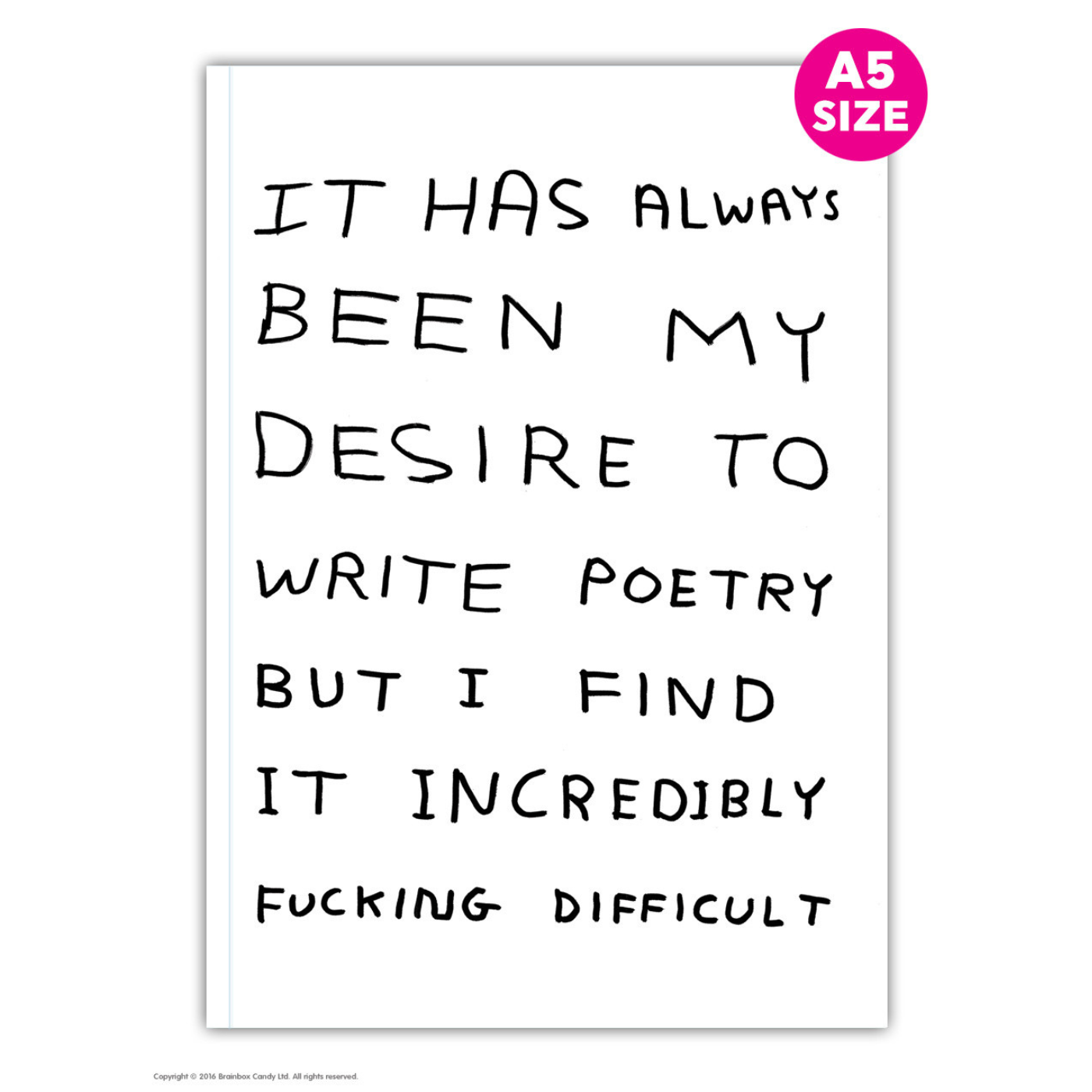 Cover of 'Write Poetry' notebook by David Shrigley featuring handwritten text on a white background.