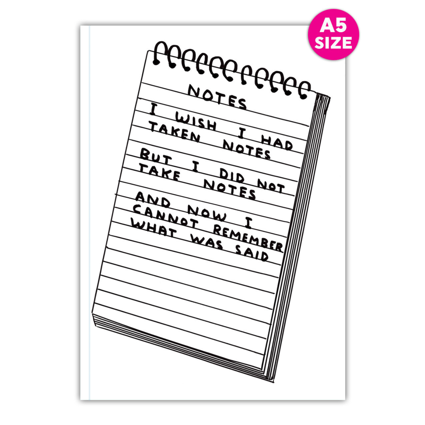 A black and white image of a notebook with the text 'NOTES I WISH I HAD TAKEN NOTES BUT I DID NOT TAKE NOTES I CANNOT REMEMBER WHAT WAS SAID' written on it.