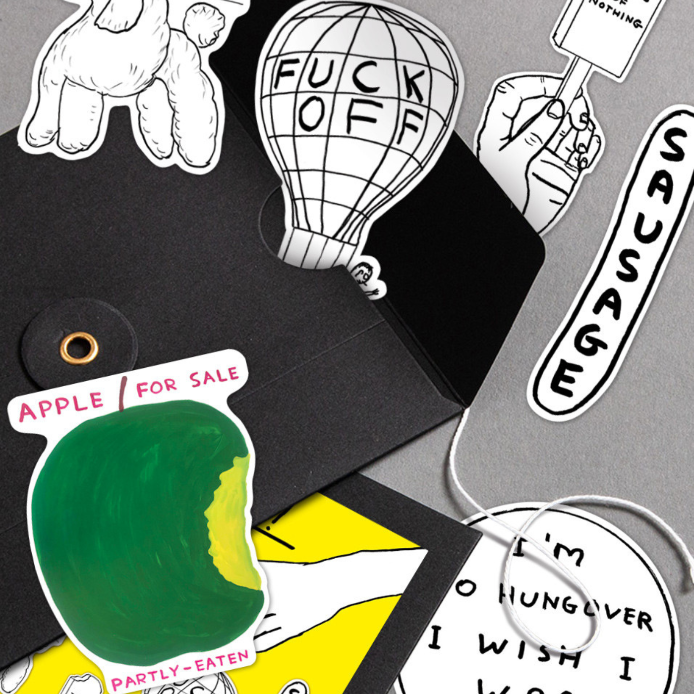 Collection of stickers with various designs and text