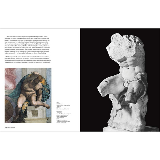 Internal double page spread with a classical painting and a sculpture that reflects it.