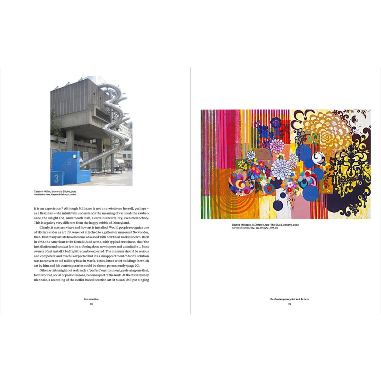 Internal pages of Story of Contemporary Art featuring a painting and photo of the Hayward Gallery with Carsten Holler slides.