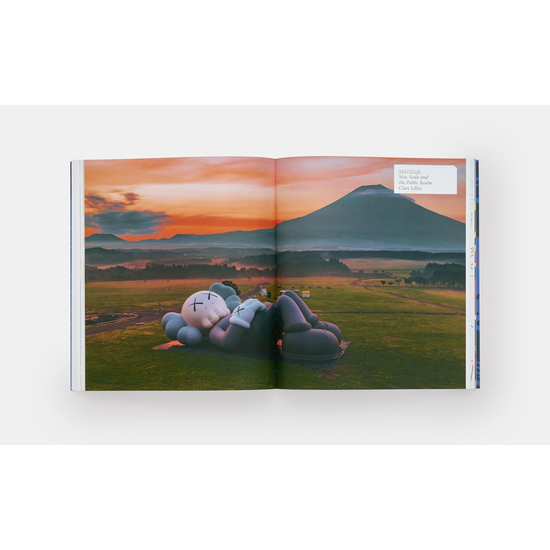 Internal double page spread with KAWS character asleep under a sunset.