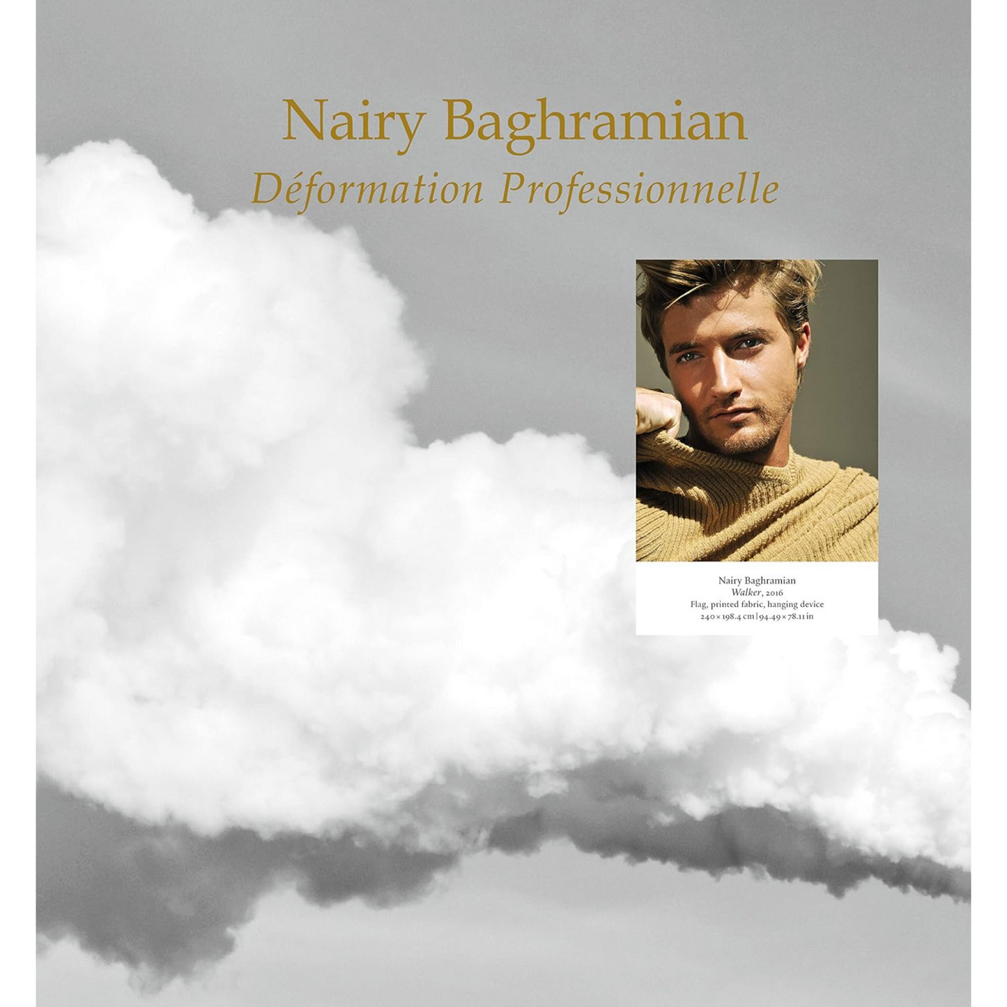 Cover of Nairy Baghramian with grey cover and an apparent cloud stretching across it, with a portrait of a man stuck on top. 