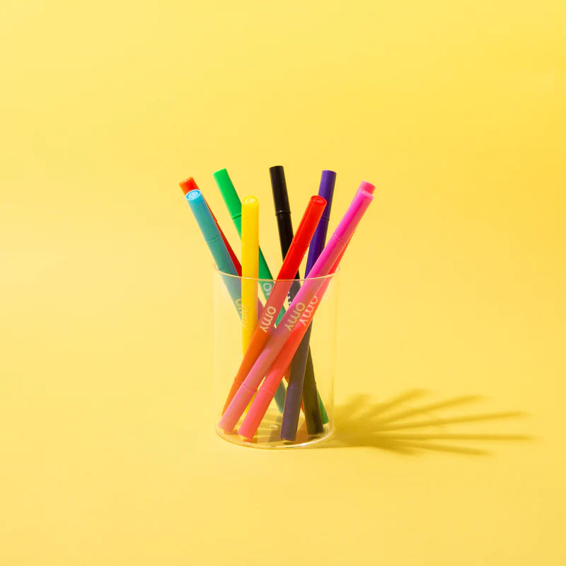 9 scented colouring pens in a clear pot