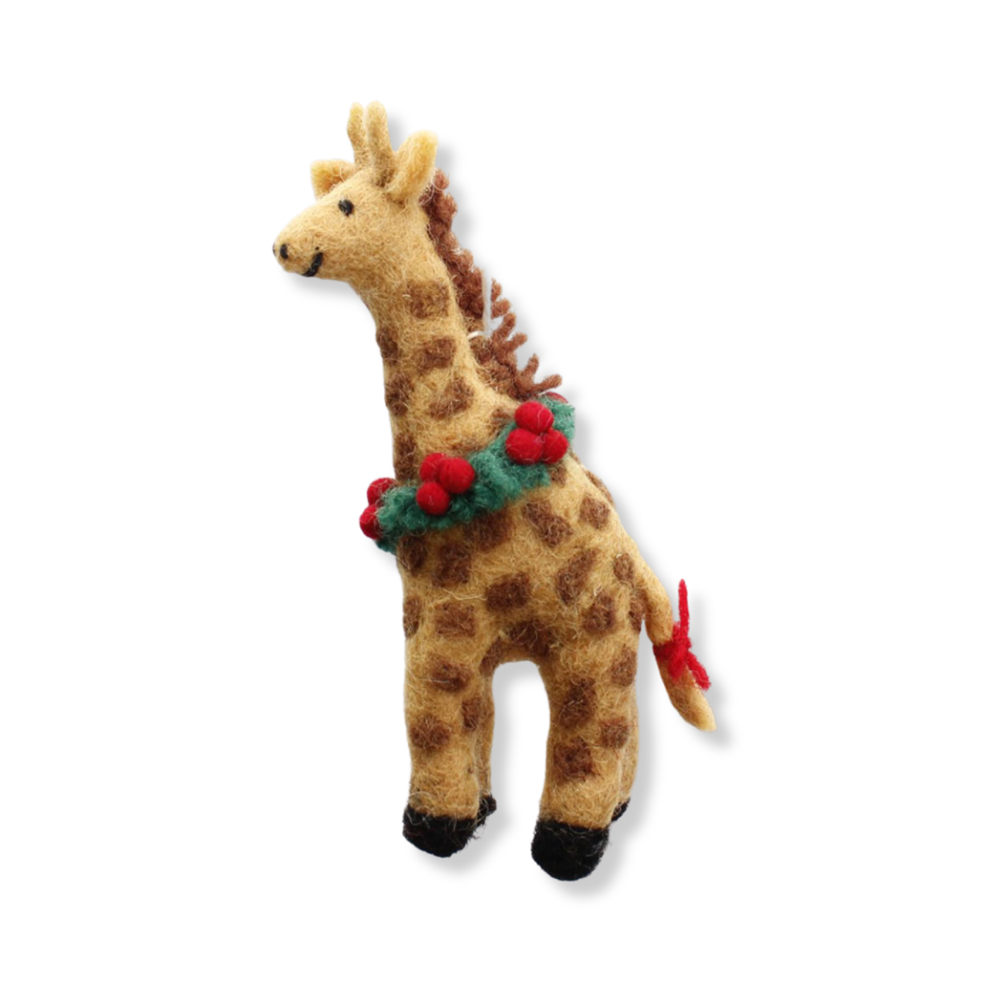 Giraffe decoration with a wreath around its neck against a white background