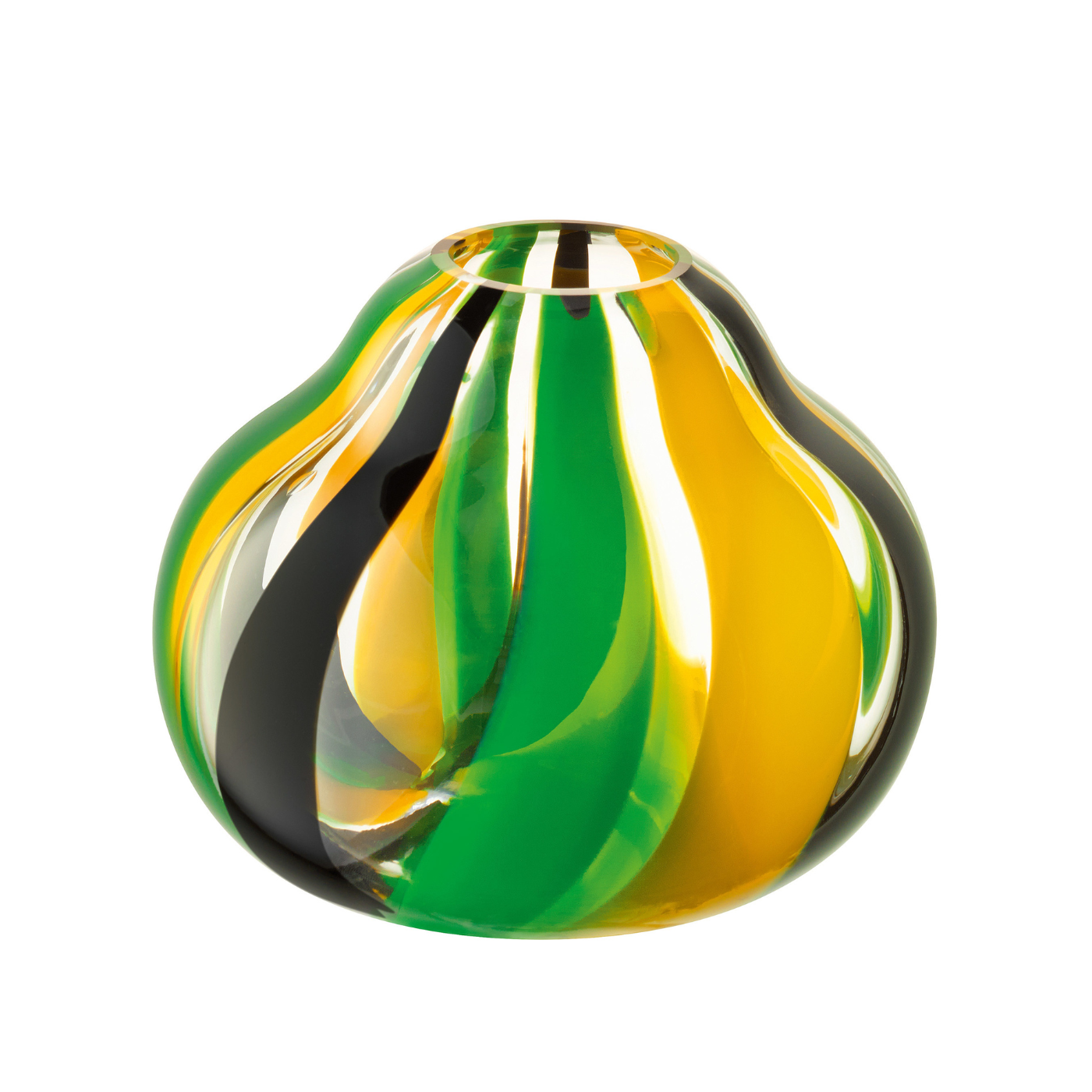 A bulb shaped vase featuring a green, yellow and black stripe design.