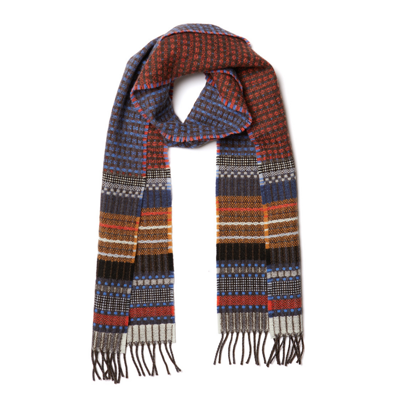 stripe and block pattern merino wool scarf in denim and red brown