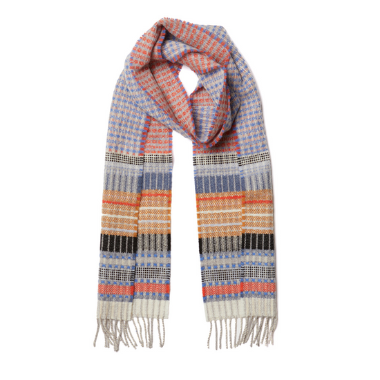 stripe and block pattern merino wool scarf in pale blue and pink
