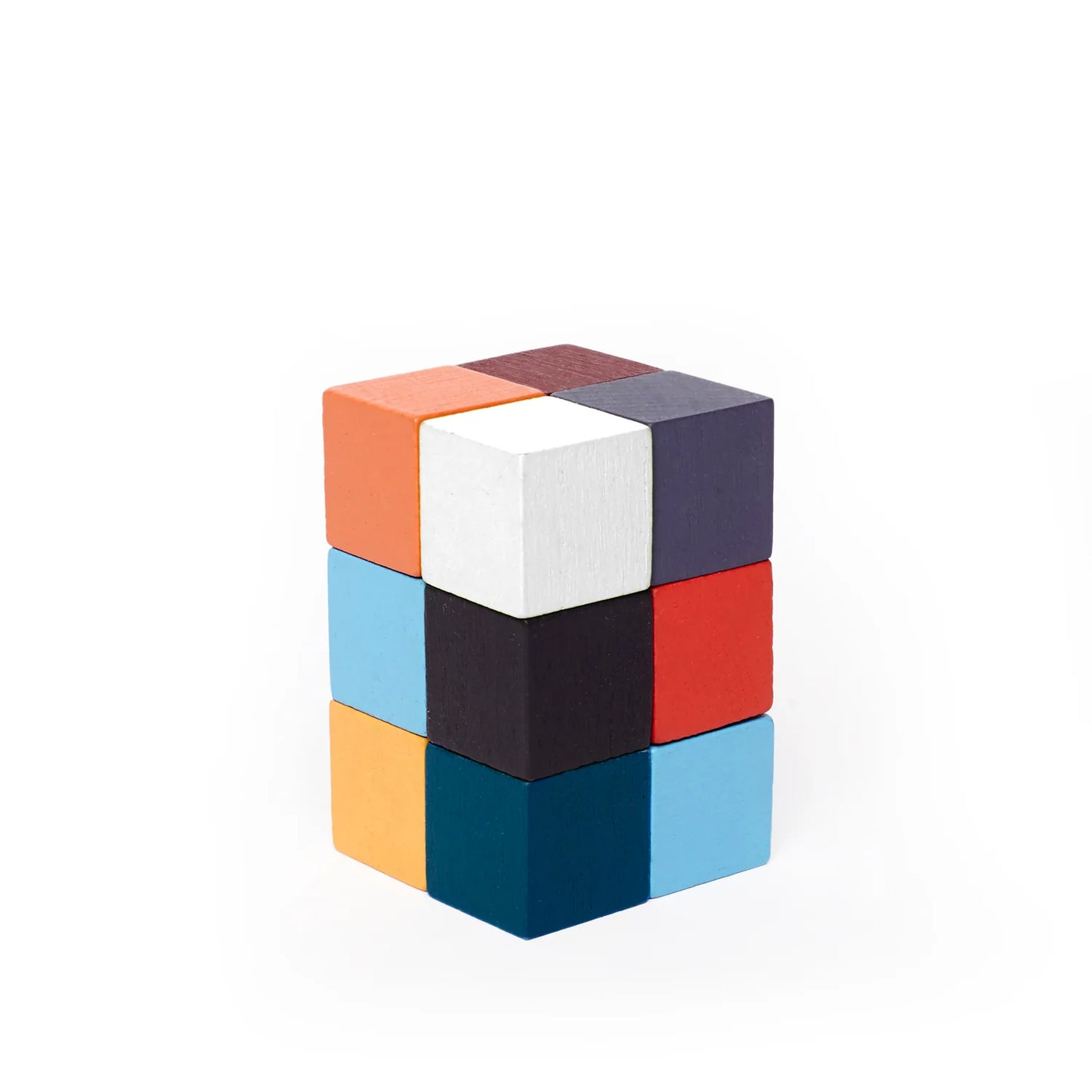 A cube puzzle with various coloured blocks.