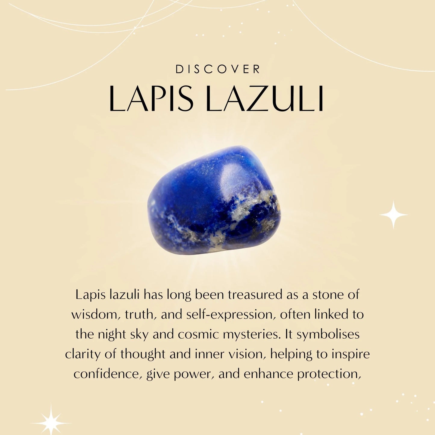 Lapis lazuli stone on a beige background with text about its properties.