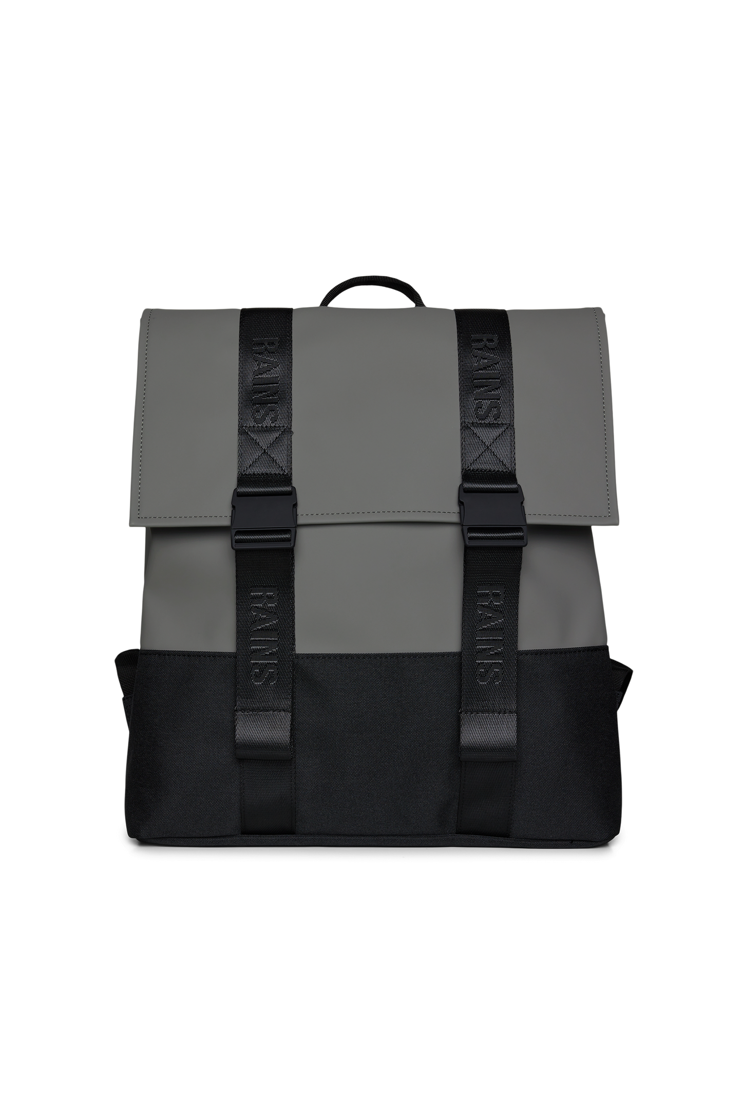 Front side of the Rains MSN Trail Backpack, with two large black straps.