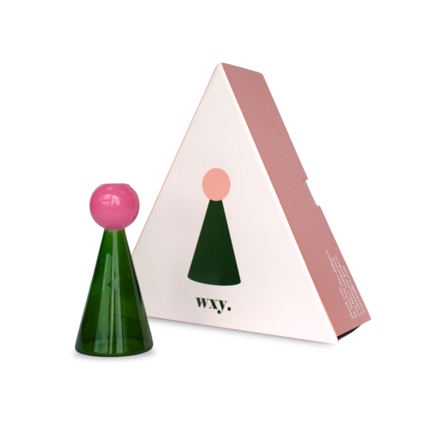 Green & pink top reed diffuser next to triangular box packaging on white background.
