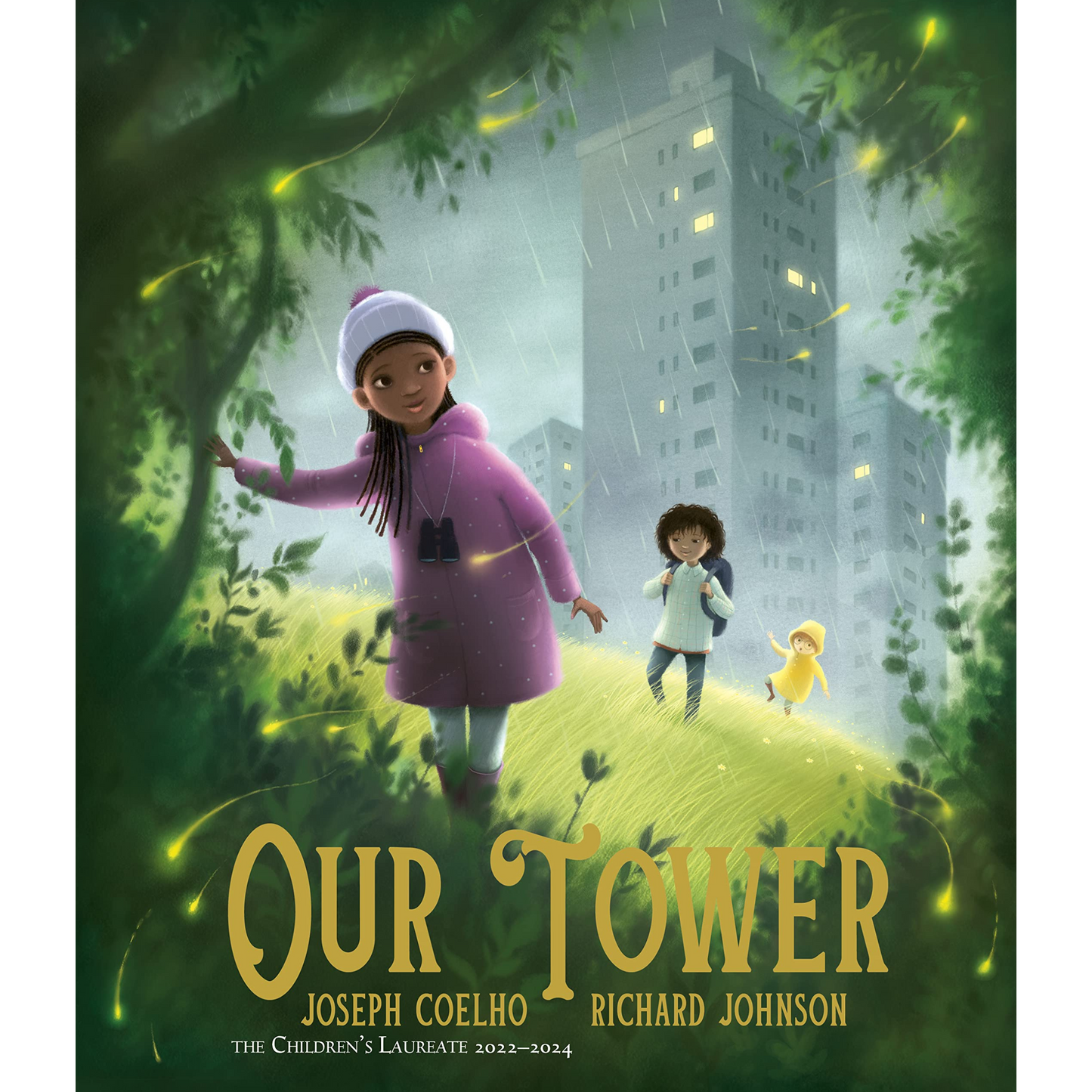Our Tower Book Front Cover of a young girl wearing a hat and binoculars around her neck standing in the rain with tall buildings in the background.