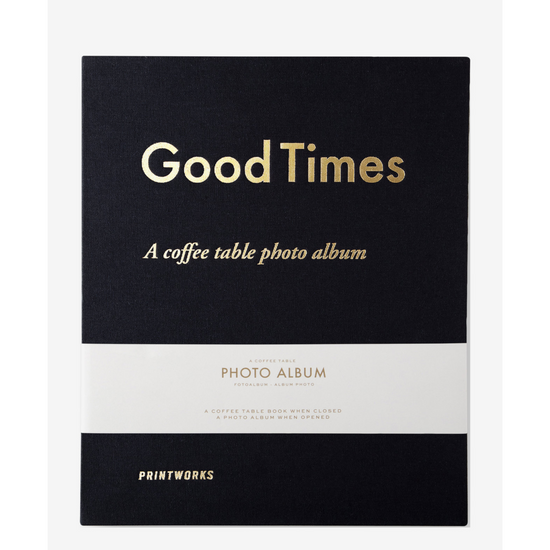 Black photo album with text in gold "Good Times, A coffee photo album" by Printworks