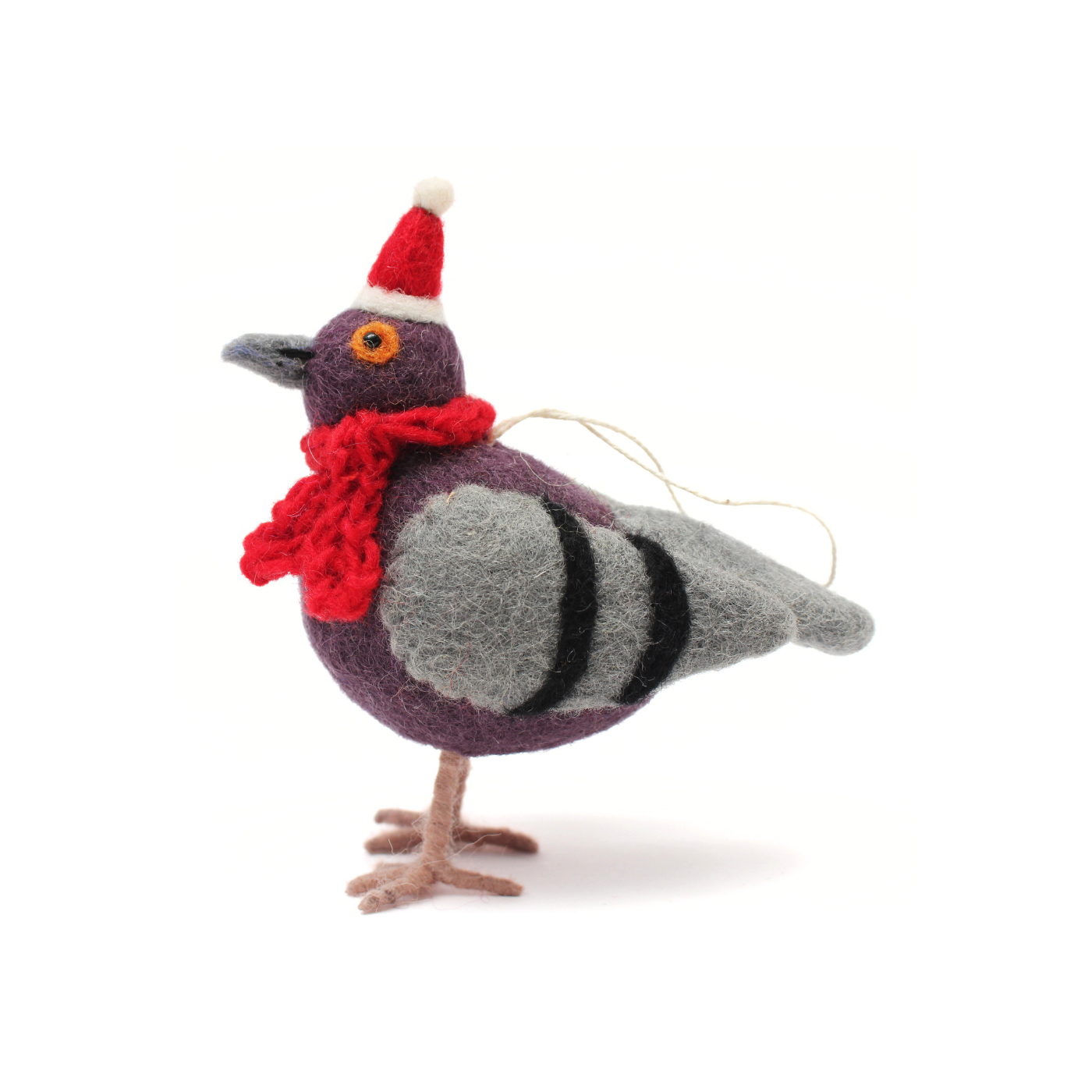 Felt decorative pigeon ornament with a knitted red scarf and a felt Santa hat against a white background