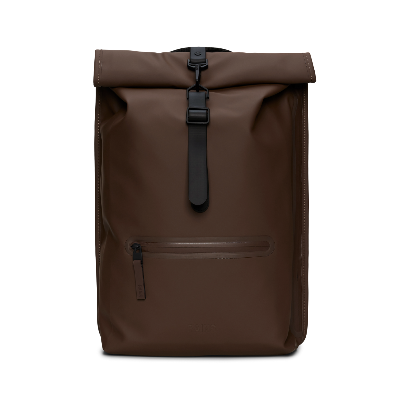 Front side of the Rains Rolltop Backpack, with a single black strap located in the middle, colour frame.