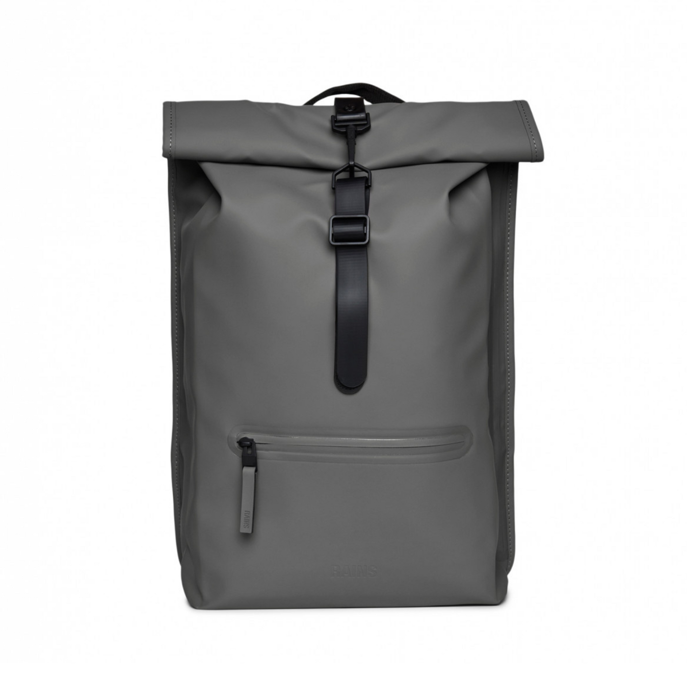 Front side of the Rains Rolltop Backpack, with a single black strap located in the middle, colour grey.