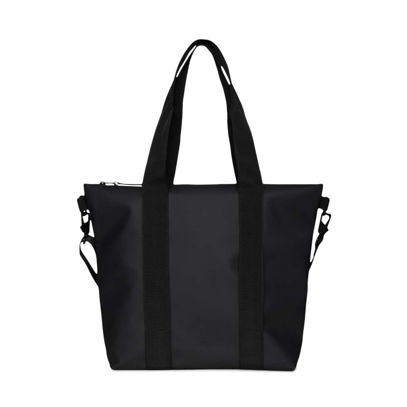 Front side of the Rains Tote Bag Mini, with two large and rigid black straps, colour black.