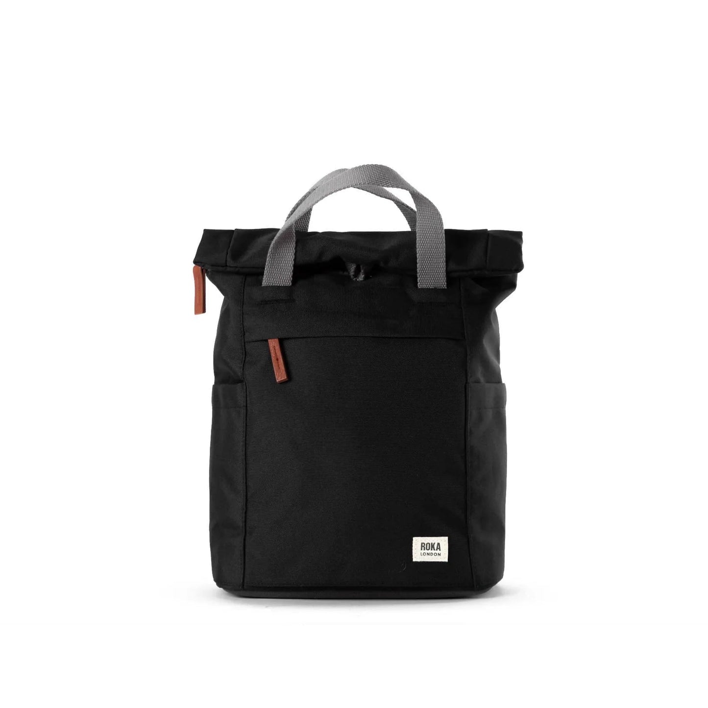 Black backpack with gray handle on a white background