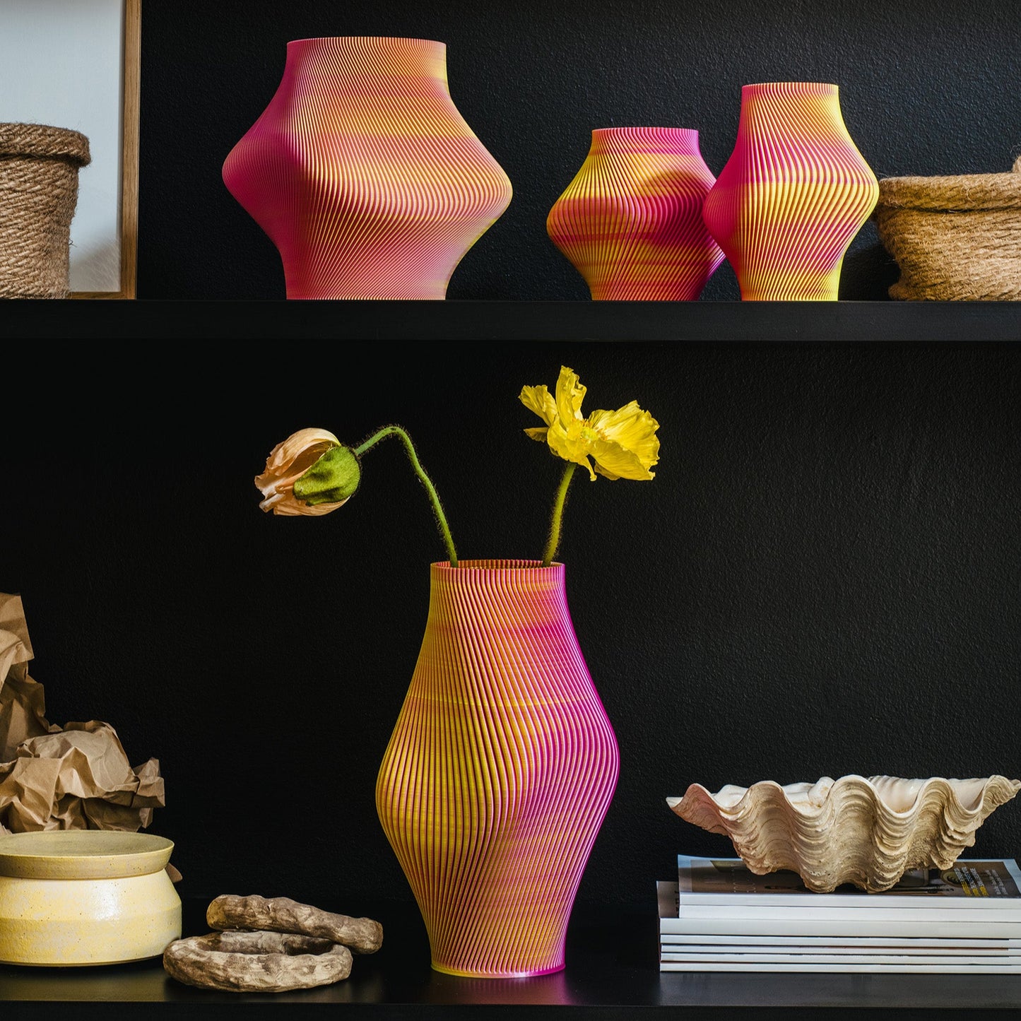 Sheyn 3D Printed Vases on shelves.