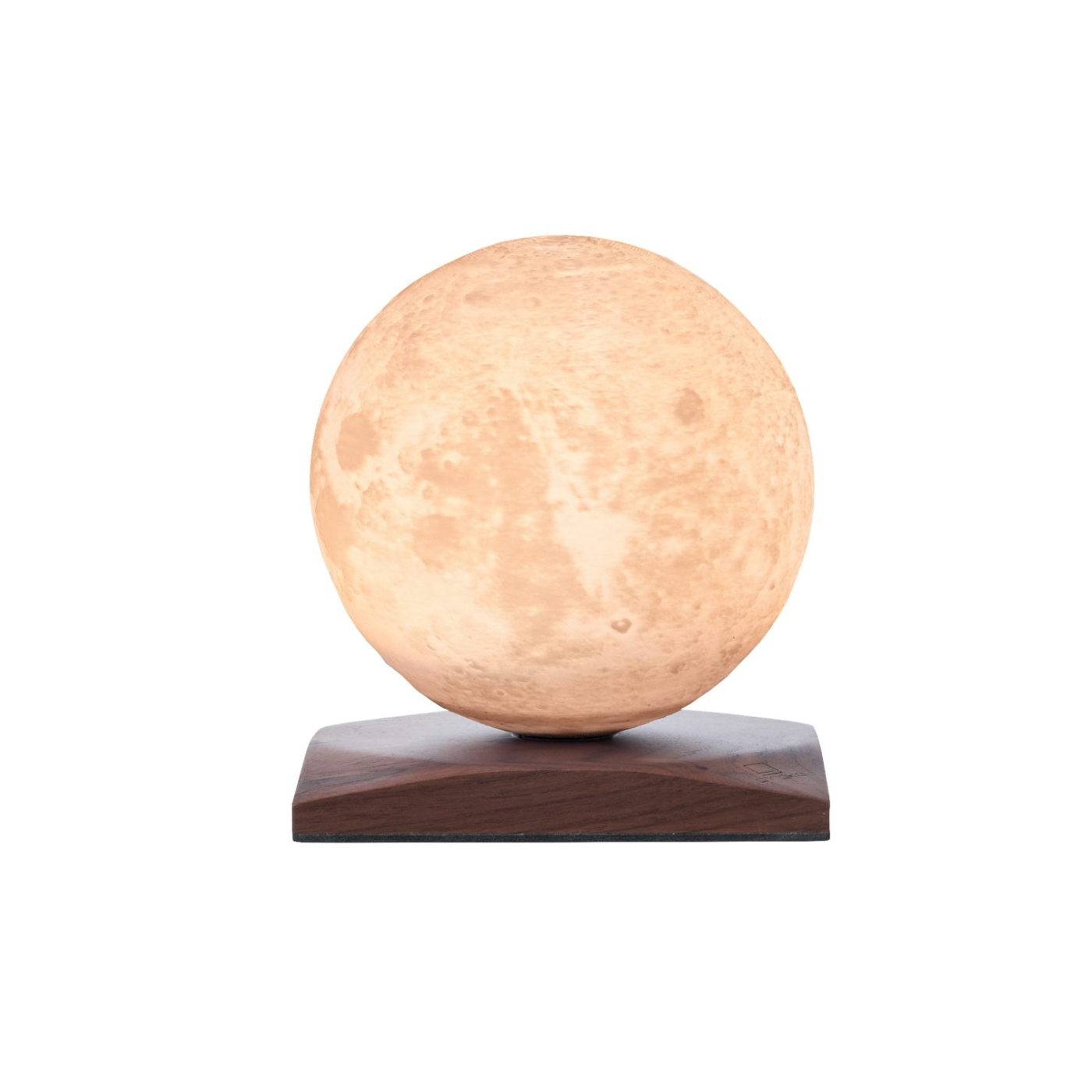 A 3D globe lamp with a warm glow, floating above a walnut base, presented against a white background.