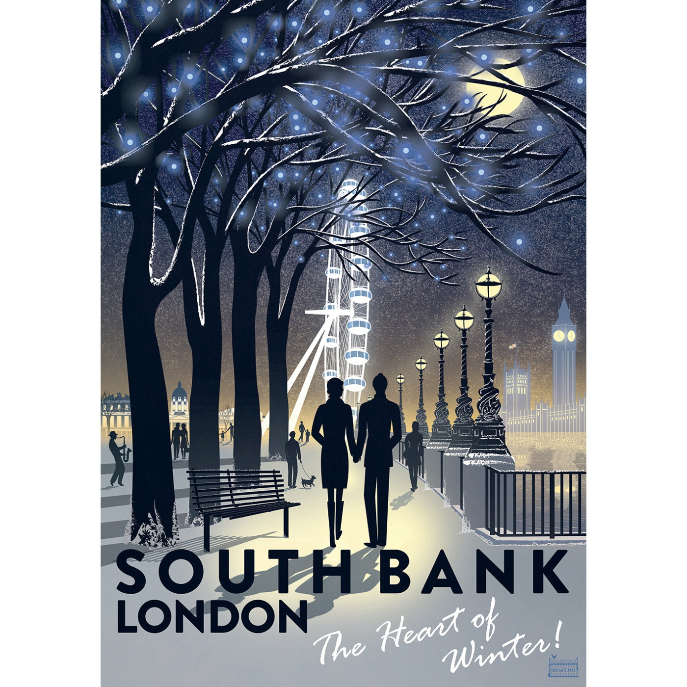 A poster with an illustration of people walking down the Southbank riverside towards the London eye, with snow and Winter lights in the trees.