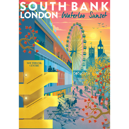 A poster with an illustration of the Southbank Centre riverside during a sunset.