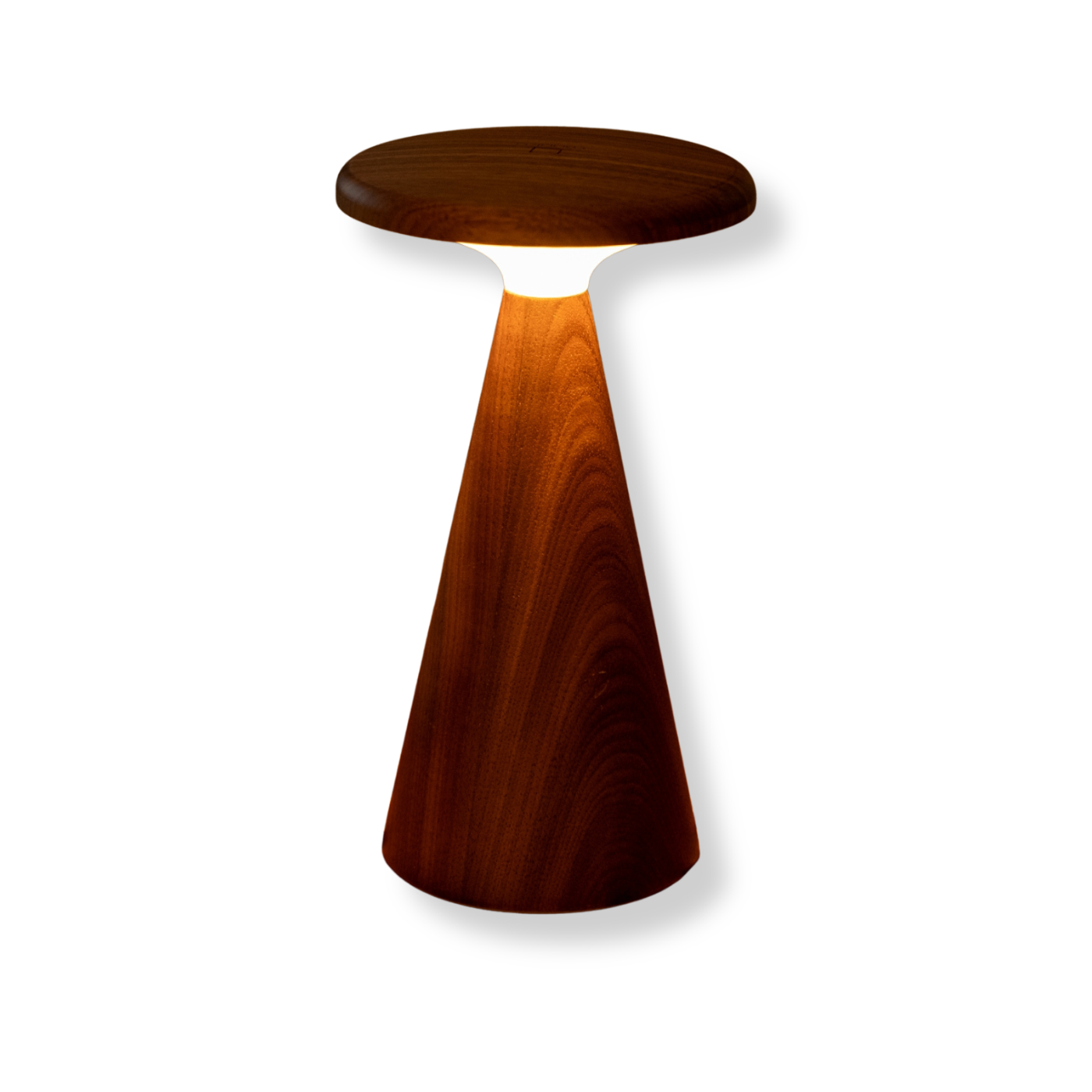 Wooden column shape light with a round top and conical base on a white background