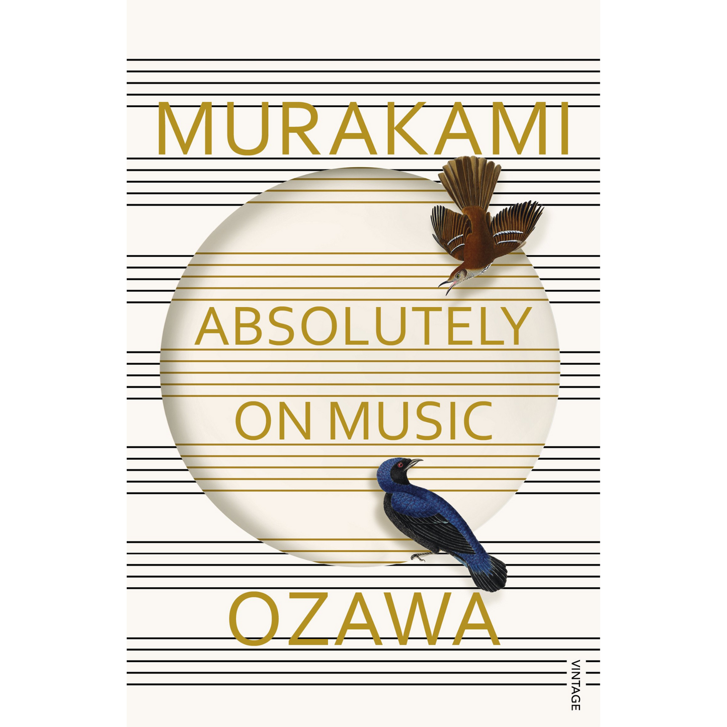 The cover of the book 'Absolutely on Music' by Haruki Murakami featuring text and a graphic design with lines and birds.