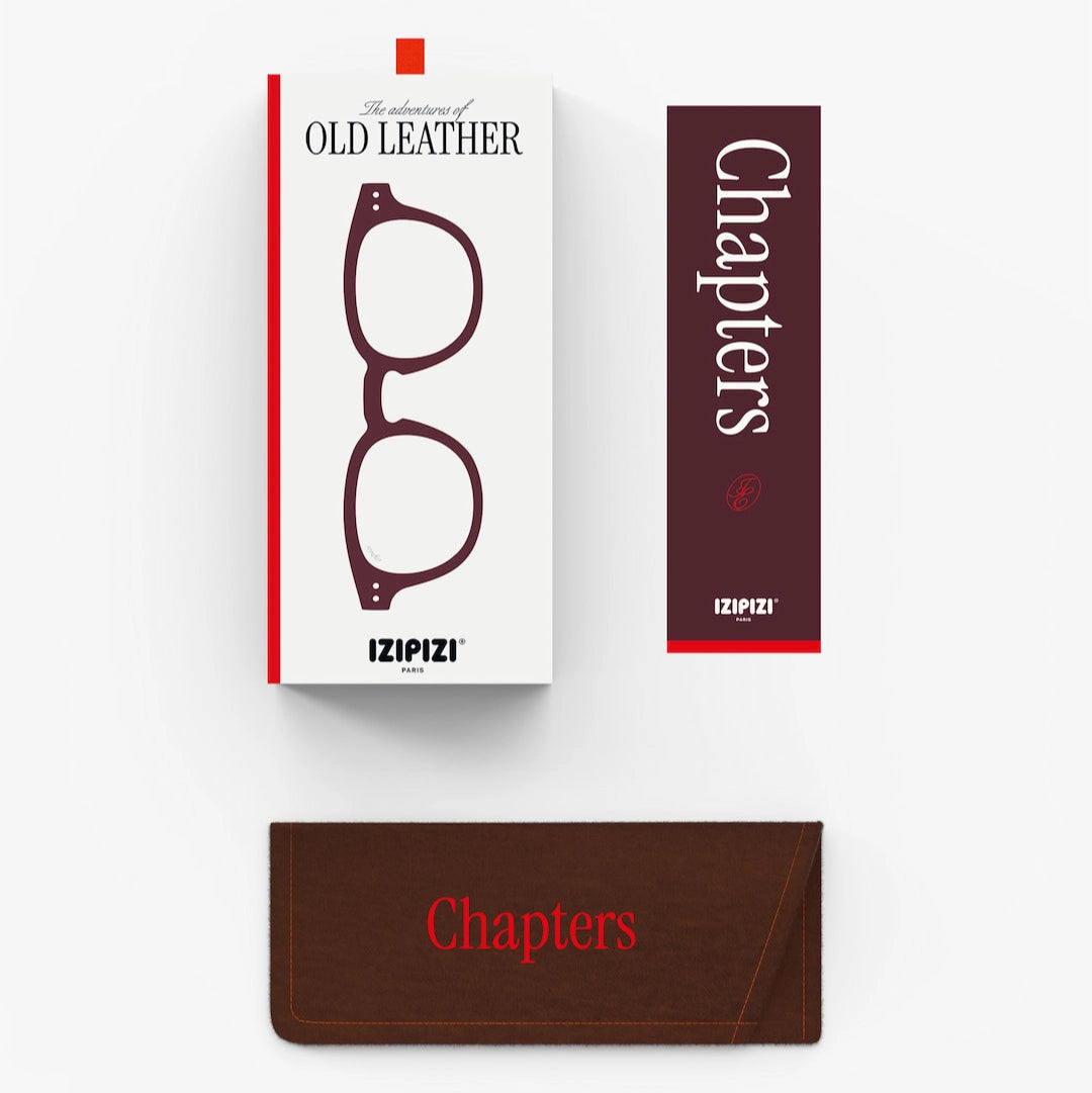 IZIPIZI Old Leather Chapters eyeglasses packaging with brown case on a white background