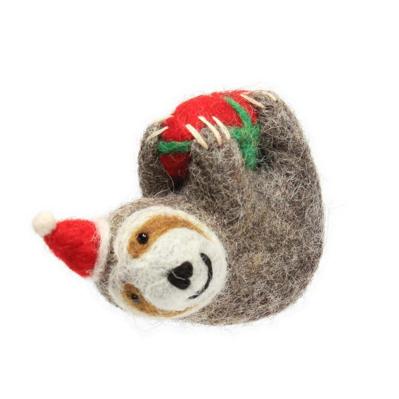 Felt sloth Christmas decoration with a red Santa hat, holding a present.