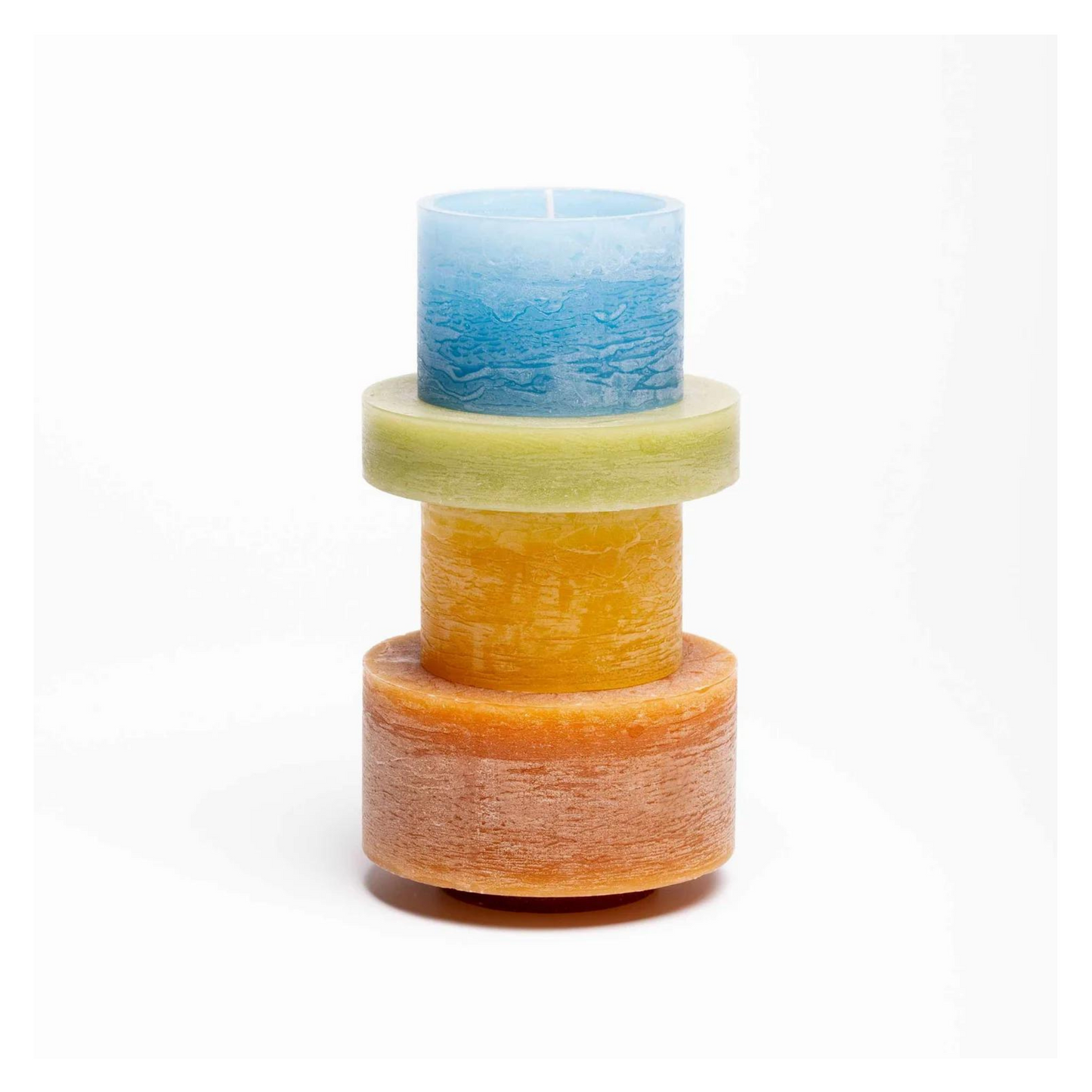 candle made up of 4 different colour components, stacked vertically.