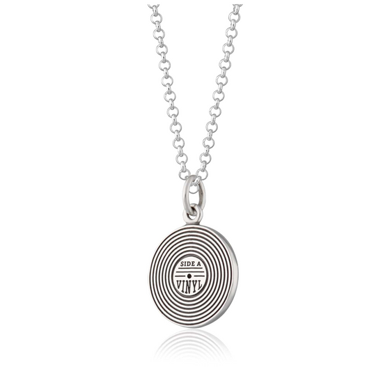 silver necklace with vinyl charm.
