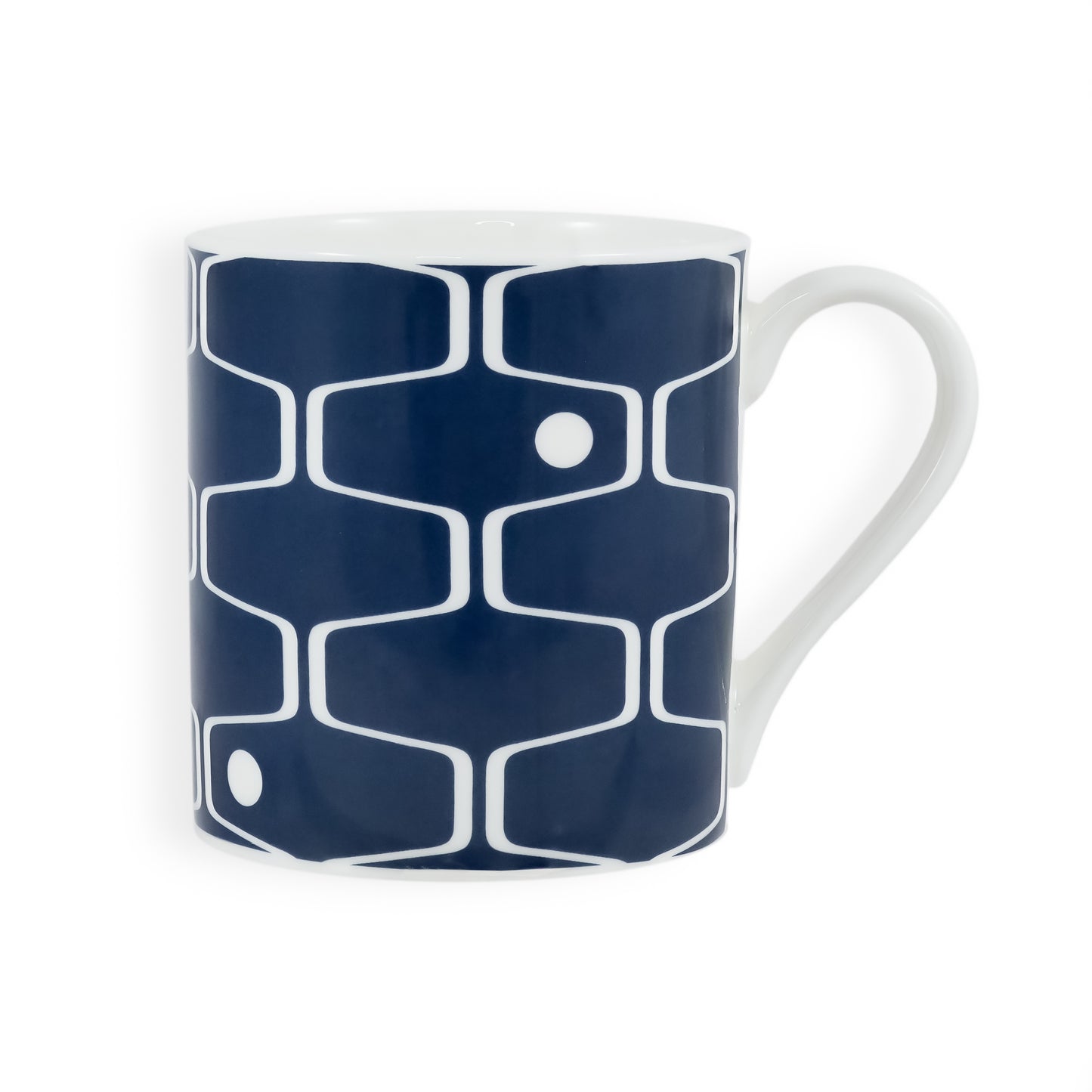 A denim blue mug featuring the net & ball pattern